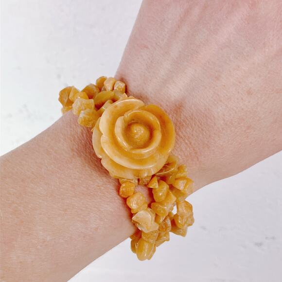 Genuine Honey Jade Gemstone Carved Rose Stretch Bracelet Boho Yellow Floral VTG - Picture 2 of 14